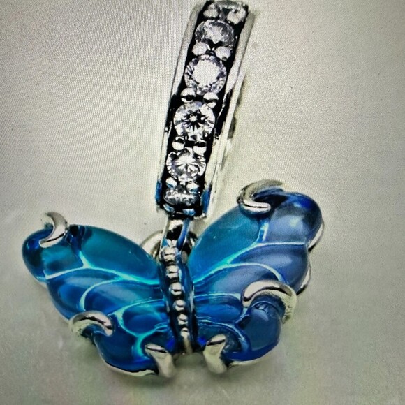 Authentic Pandora, Blue Murano Glass Butterfly Dangle Charm #792698C01 - Picture 2 of 4